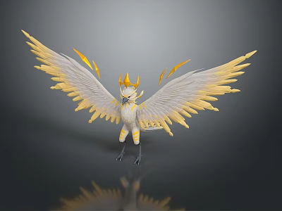 Flying Creature With Golden Wings White Body And Golden Horns Standing On Reflective Surface 3d model