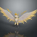Flying Creature With Golden Wings White Body And Golden Horns Standing On Reflective Surface