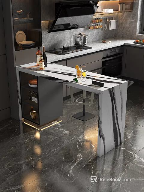 Modern Bar Area with Marble Countertop Golden Lighting and High Stool in Contemporary Kitchen 3d model 