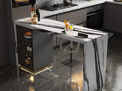 Modern Bar Area with Marble Countertop Golden Lighting and High Stool in Contemporary Kitchen 3d model