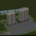 Two Tall Residential Buildings With Green Lawns Trees Road And Parking Area