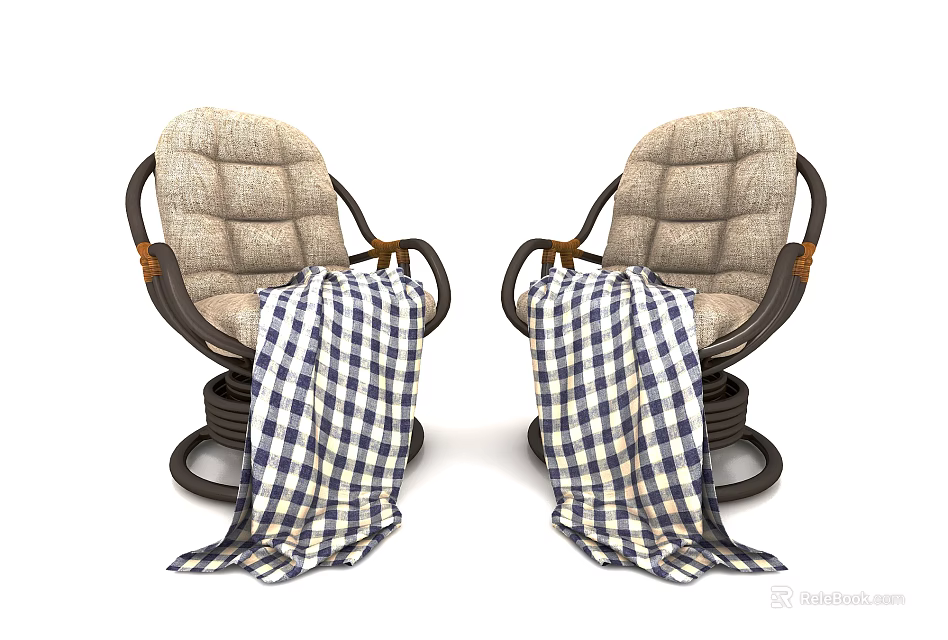Beige Upholstered Single Sofa With Swivel Rocking Base Wooden Armrests And Blue White Checkered Blanket 3d model 