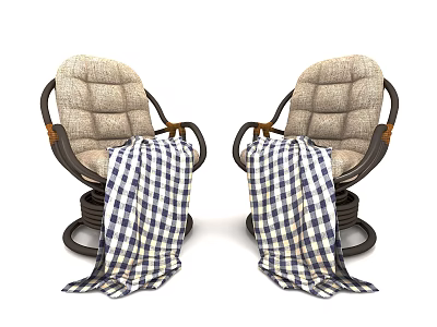 Beige Upholstered Single Sofa With Swivel Rocking Base Wooden Armrests And Blue White Checkered Blanket 3d model