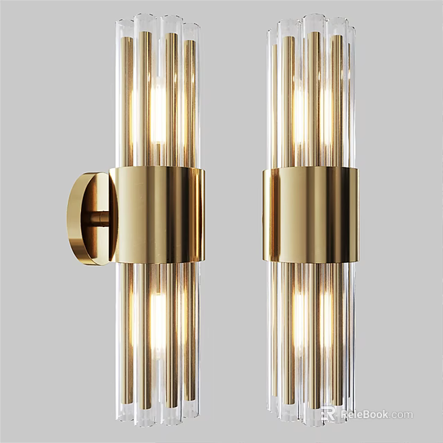 Sleek Modern Wall Lamp With Illuminated Glass Tubes And Brass Mount Design 3d model 