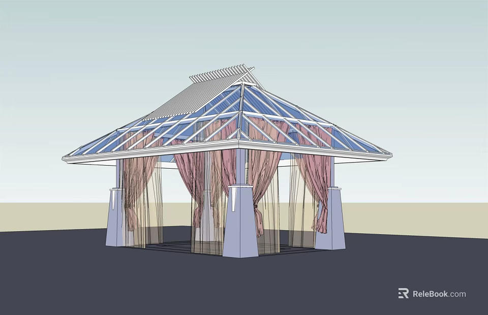 Modern Pavilion Structure With Glass Roof And Decorative Curtains 3d model 