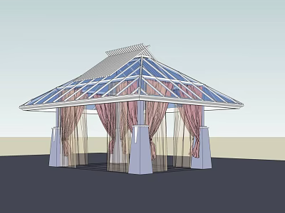 Modern Pavilion Structure With Glass Roof And Decorative Curtains 3d model