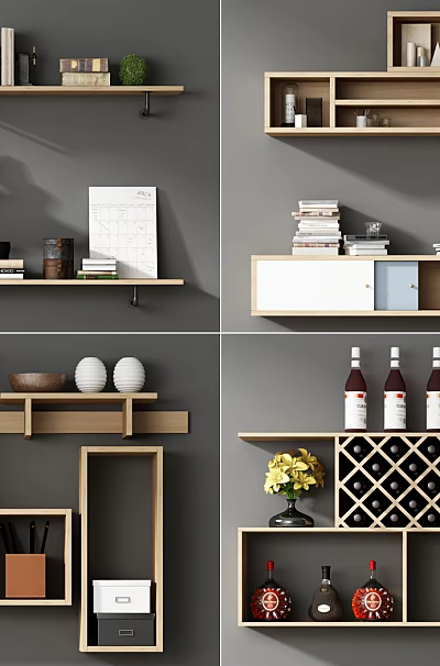 Modern Wall Cabinets And Floating Shelves With Decorative Items Books And Wine Bottles 3d model