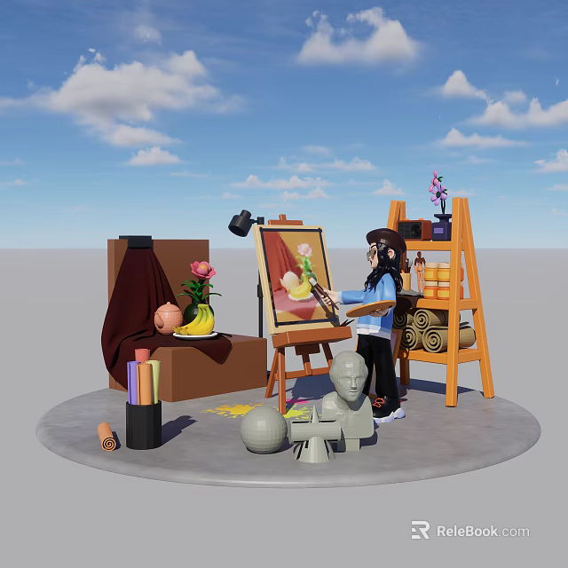 Cartoon Artist Painting On Easel With Canvas Sculpture And Art Supplies Under Blue Sky 3d model 