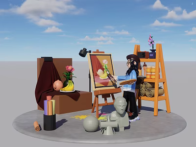 Cartoon Artist Painting On Easel With Canvas Sculpture And Art Supplies Under Blue Sky 3d model
