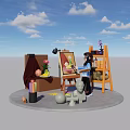 Cartoon Artist Painting On Easel With Canvas Sculpture And Art Supplies Under Blue Sky