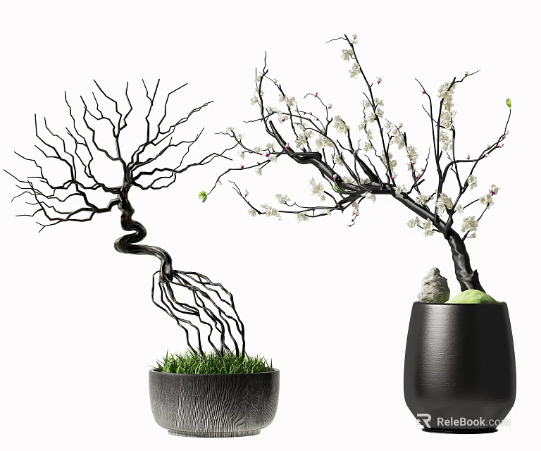 Artistic Bonsai Plants with Curved Branches White Blossoms Small Figurine and Dark Pots 3d model 