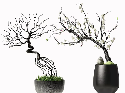 Artistic Bonsai Plants with Curved Branches White Blossoms Small Figurine and Dark Pots 3d model