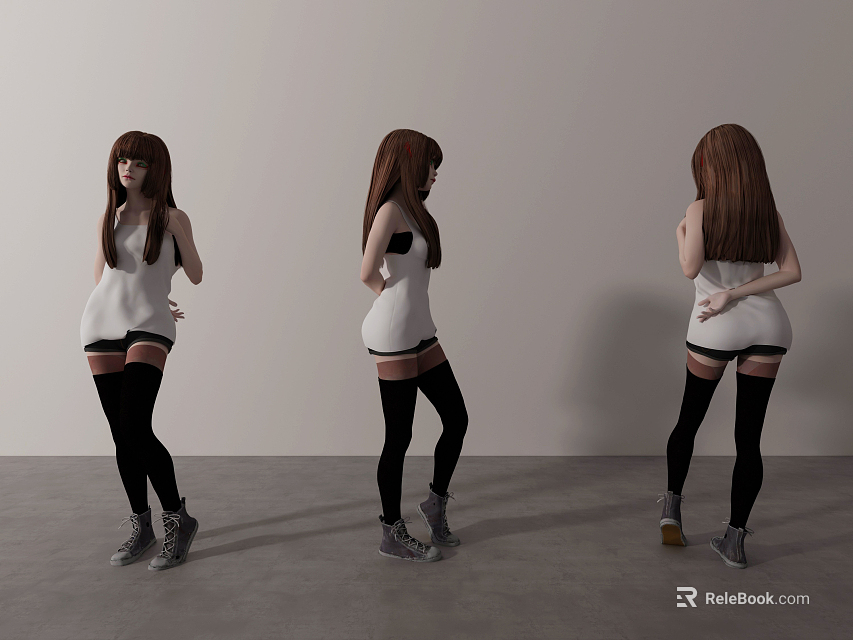 Woman With Brown Long Hair Wearing White Top Black Stockings Three Angles Gray Background 3d model 