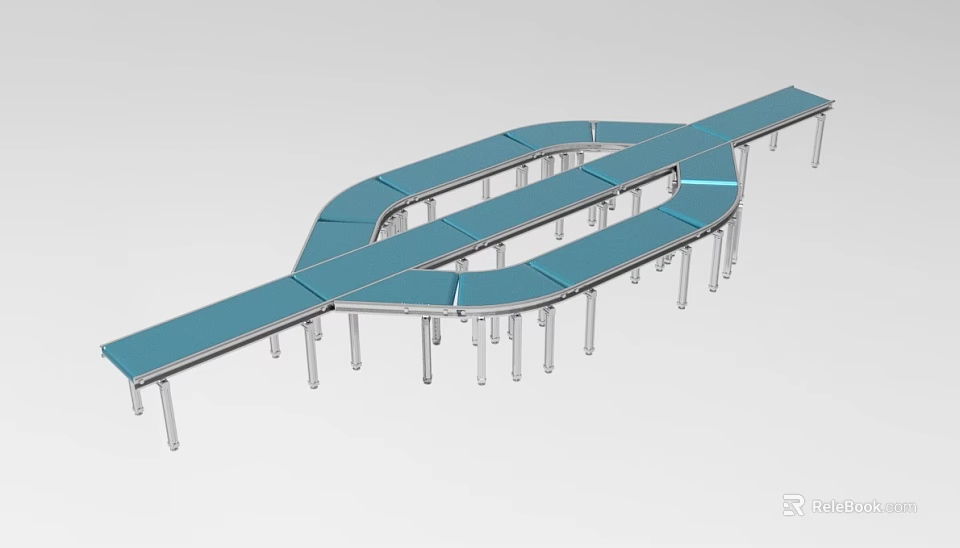 Industrial Curved Blue Conveyor Belt System with Metal Frame for Material Handling 3d model 