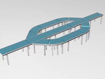 Industrial Curved Blue Conveyor Belt System with Metal Frame for Material Handling 3d model