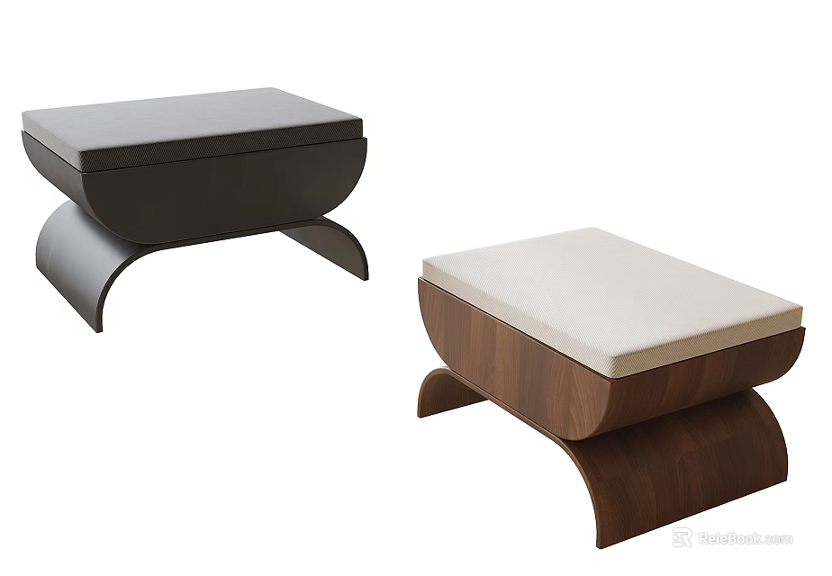 Two Modern Stylish Stools With Leather Cushion And Wooden Frame Design 3d model 