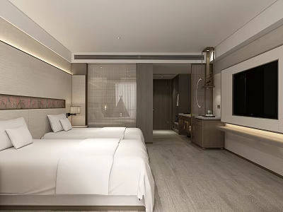 Modern Hotel Guest Room With Twin Beds White Linens And Wall Mounted TV 3d model