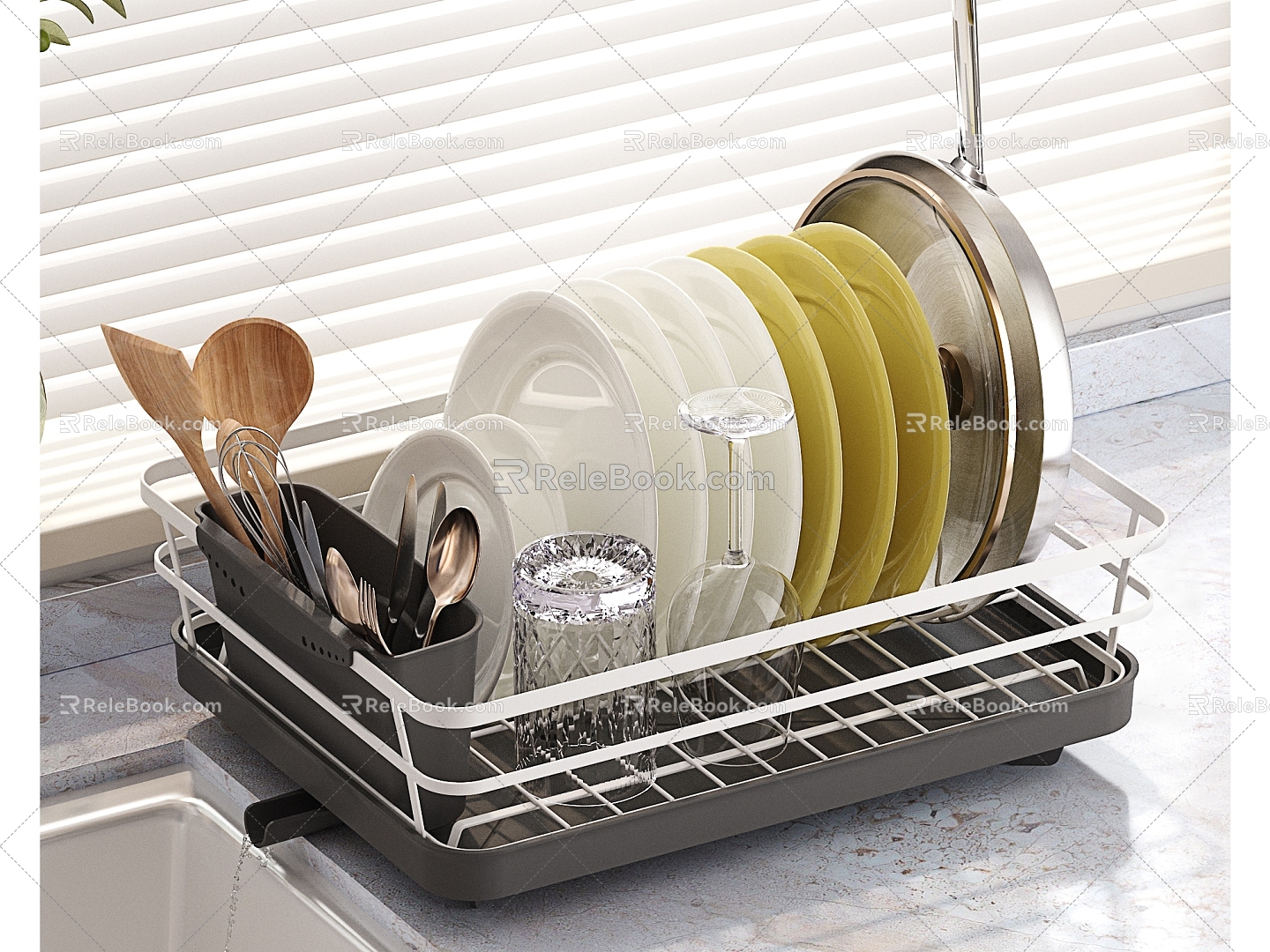 Kitchenware Tableware Kitchen Supplies Bowl and Dish Rack Chopsticks Holder Cup Knife and Fork Windowsill Sink model