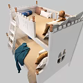 White Castle Design Bunk Bed With Ladder Pillows And Blanket On Lower Bunk
