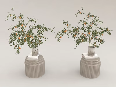 Decorative Bonsai Potted Plants with Green Leaves and Orange Fruits Placed on Ribbed Pedestals 3d model
