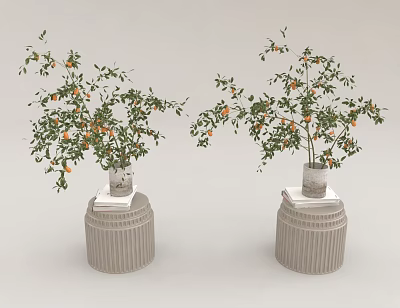 Decorative Bonsai Potted Plants with Green Leaves and Orange Fruits Placed on Ribbed Pedestals 3d model