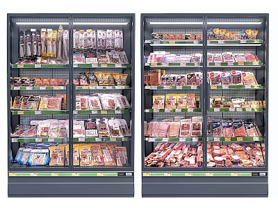 Supermarket Display Shelves With Various Packaged Meat And Food Products 3d model