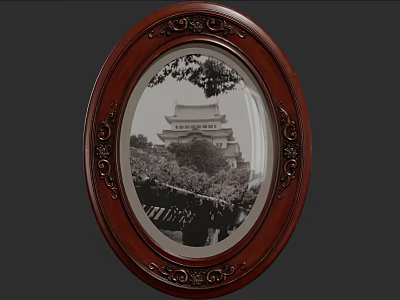 Oval Wooden Carved Frame Featuring Black And White Traditional Tower Photo With Trees And Railing 3d model