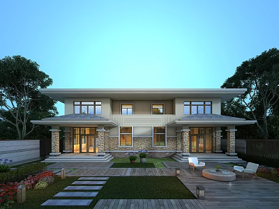 Modern Two Story Detached Villa Exterior With Large Windows Courtyard Lawn And Outdoor Furniture 3d model