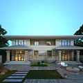 Modern Two Story Detached Villa Exterior With Large Windows Courtyard Lawn And Outdoor Furniture