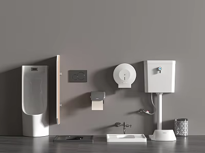 Toilet with Gray Wall Urinal Sink Toilet Paper Holder Soap Dispenser and Trash Can 3d model