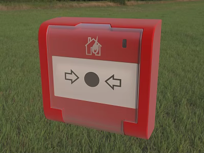 Red Fire Equipment Box With House Icon Central Dot And Double Arrows On Grass Background 3d model