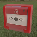 Red Fire Equipment Box With House Icon Central Dot And Double Arrows On Grass Background