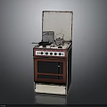 Vintage Red And White Stove With Burners Oven And Metal Pots For Home Use