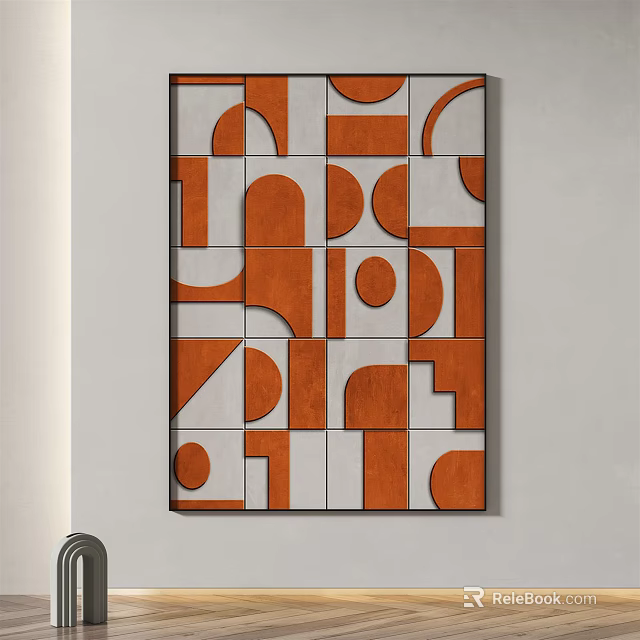 Abstract Geometric Wall Art With Orange White Circular Rectangular Shapes On White Wall 3d model
