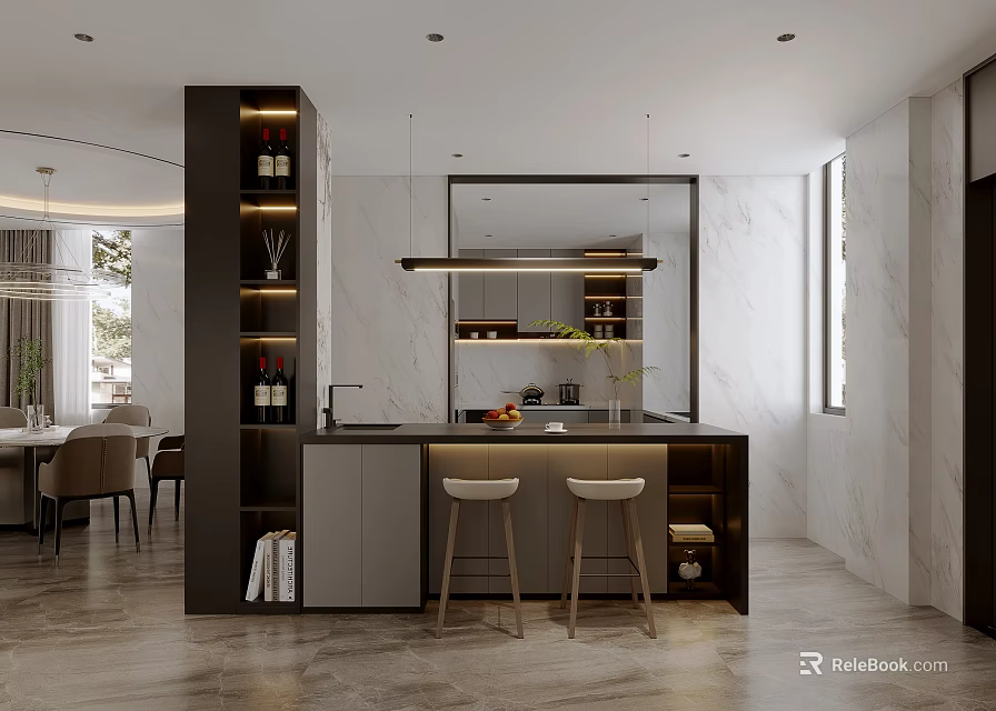 Modern Bar Area With Stools Built in Storage Lighting And Marble Walls 3d model