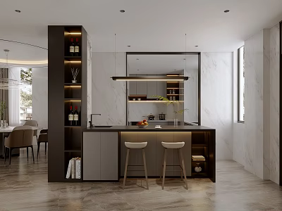 Modern Bar Area With Stools Built in Storage Lighting And Marble Walls 3d model