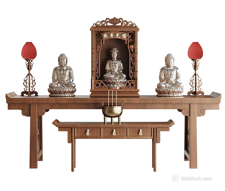 Traditional Buddhist Shrine Cabinet with Three Buddha Statues Red Lamps Incense Burner and Small Table 3d model 