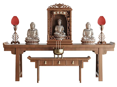 Traditional Buddhist Shrine Cabinet with Three Buddha Statues Red Lamps Incense Burner and Small Table 3d model