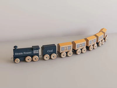 Wooden Toy Train With Multiple Carriages Blue Yellow Steam Power Coal Labels 3d model