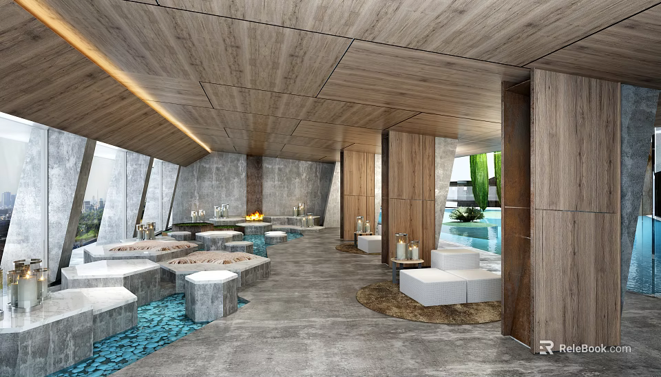 Modern Hotel Public Lounge With Wooden Ceiling Comfortable Seating Water Features And Natural Light 3d model 