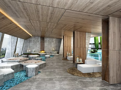 Modern Hotel Public Lounge With Wooden Ceiling Comfortable Seating Water Features And Natural Light 3d model