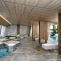 Modern Hotel Public Lounge With Wooden Ceiling Comfortable Seating Water Features And Natural Light