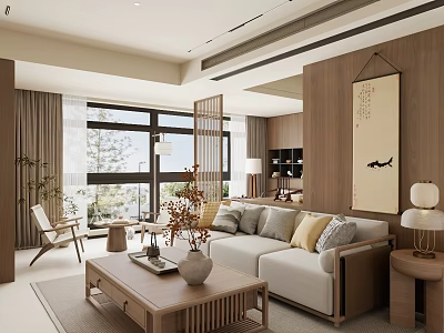 Modern Living And Dining Room Interior With Wooden Elements Sofa And Floor To Ceiling Windows 3d model