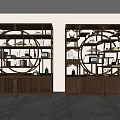 Wooden Chinese Display Shelves With Circular Openwork Design In Modern Interior Holding Vases And Ornaments