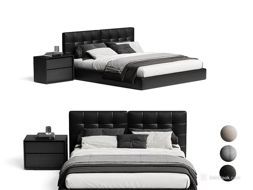 Modern Double Bed With Leather Headboard Nightstand And Black White Bedding 3d model