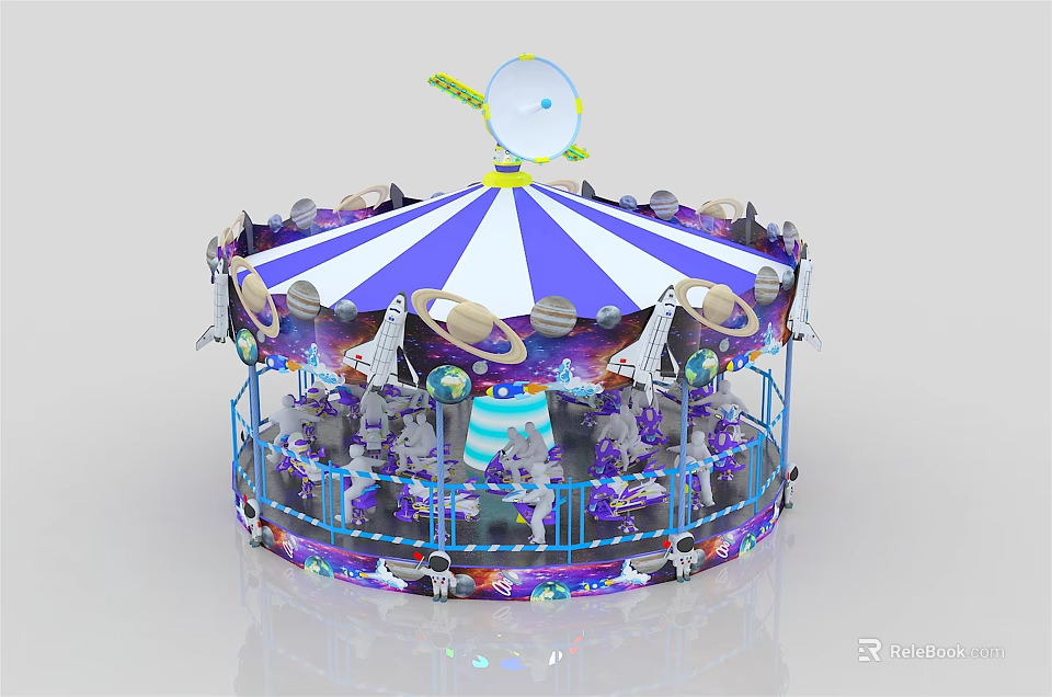 Space Themed Carousel with Blue White Striped Canopy Satellite Planets and Rockets for Kids Playground 3d model 