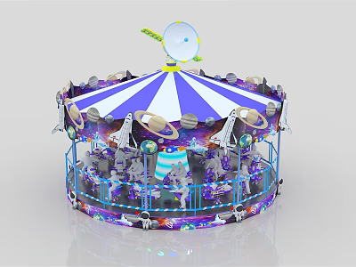 Space Themed Carousel with Blue White Striped Canopy Satellite Planets and Rockets for Kids Playground 3d model