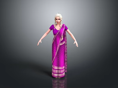 Woman in Purple Saree With Gold Patterns and White Hair Standing Against Gray Background 3d model