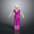 Woman in Purple Saree With Gold Patterns and White Hair Standing Against Gray Background