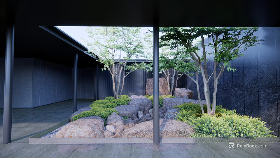 Tranquil Garden Landscape With Natural Rocks Small Trees Lush Shrubs And Dark Pillars 3d model 